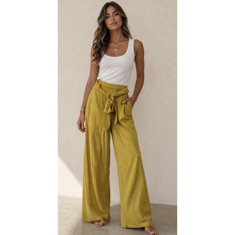 Honey Punch Wide Leg Palazzo Pants Med Yellow Boho Festival Flowy High Waist Tie